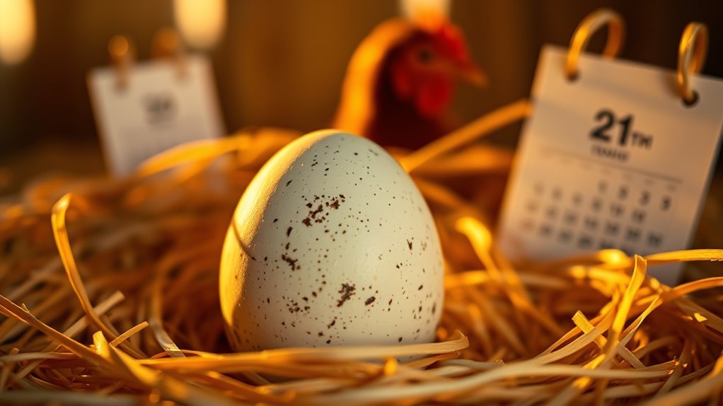 chicken eggs hatch in approximately 21 days